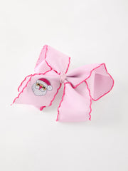 Girls' Christmas Santa Embroidered 6.25" Hair Bow – White/Pink