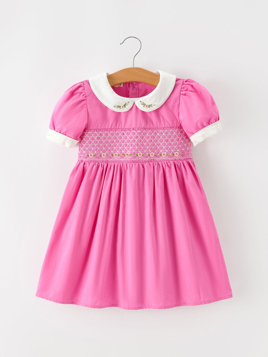 FALL Girls Hot Pink Floral Embroidered Smocked Dress