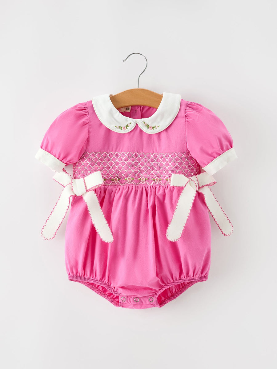 FALL Girls Hot Pink Floral Smocked Bow Bubble Romper
