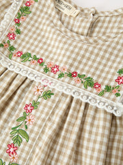 Fall Girls Khaki Plaid Floral Embroidered Dress