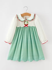 Girls Christmas Green Plaid Embroidered Long Sleeve Dress