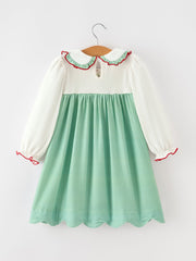 Girls Christmas Green Plaid Embroidered Long Sleeve Dress