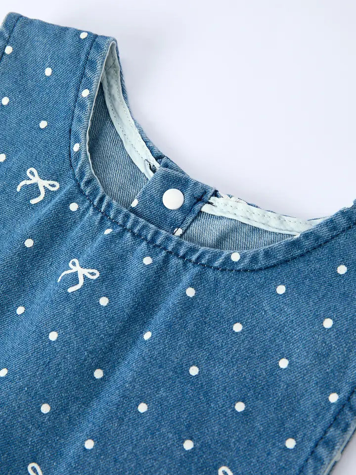 Spring Bow Dot Denim Ruffle Top and Pants Set 3/4 Pants