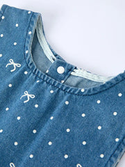 Spring Bow Dot Denim Ruffle Top and Pants Set 3/4 Pants