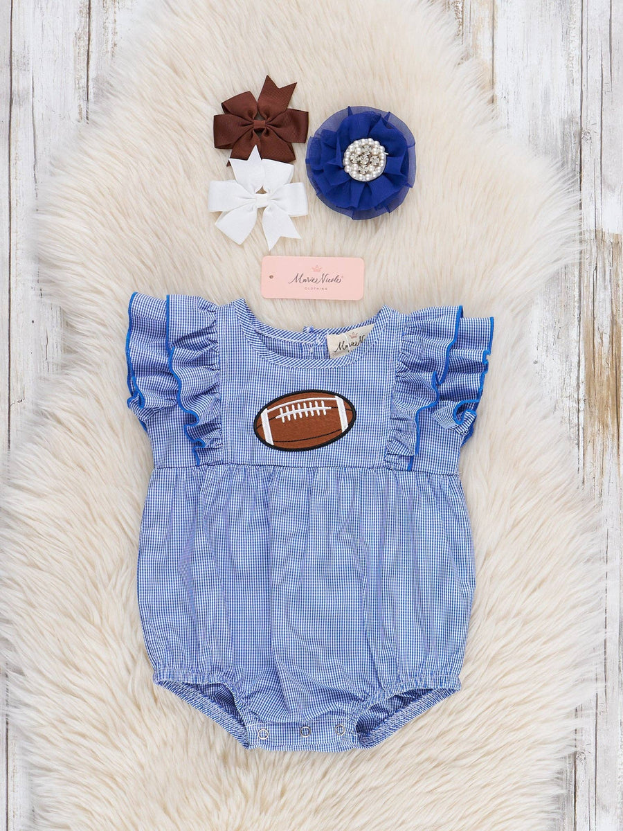 Blue Stripe Cotton Embroidered Football Ruffle Bubble