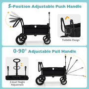 2 Seater Push Pull Collapsible Kids Wagon Stroller with Adjustable Handlebars-Black