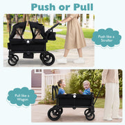 2 Seater Push Pull Collapsible Kids Wagon Stroller with Adjustable Handlebars-Black