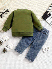 2-Piece Boys' Long-Sleeve Letter Sweatshirt & Ripped Jeans Set - Casual Fall/Winter Outdoor Outfit for Baby Boys 0-3 Years (0-36 Months)
