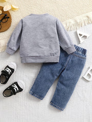 2-Piece Boys' Long-Sleeve Letter Sweatshirt & Ripped Jeans Set - Casual Fall/Winter Outdoor Outfit for Baby Boys 0-3 Years (0-36 Months)