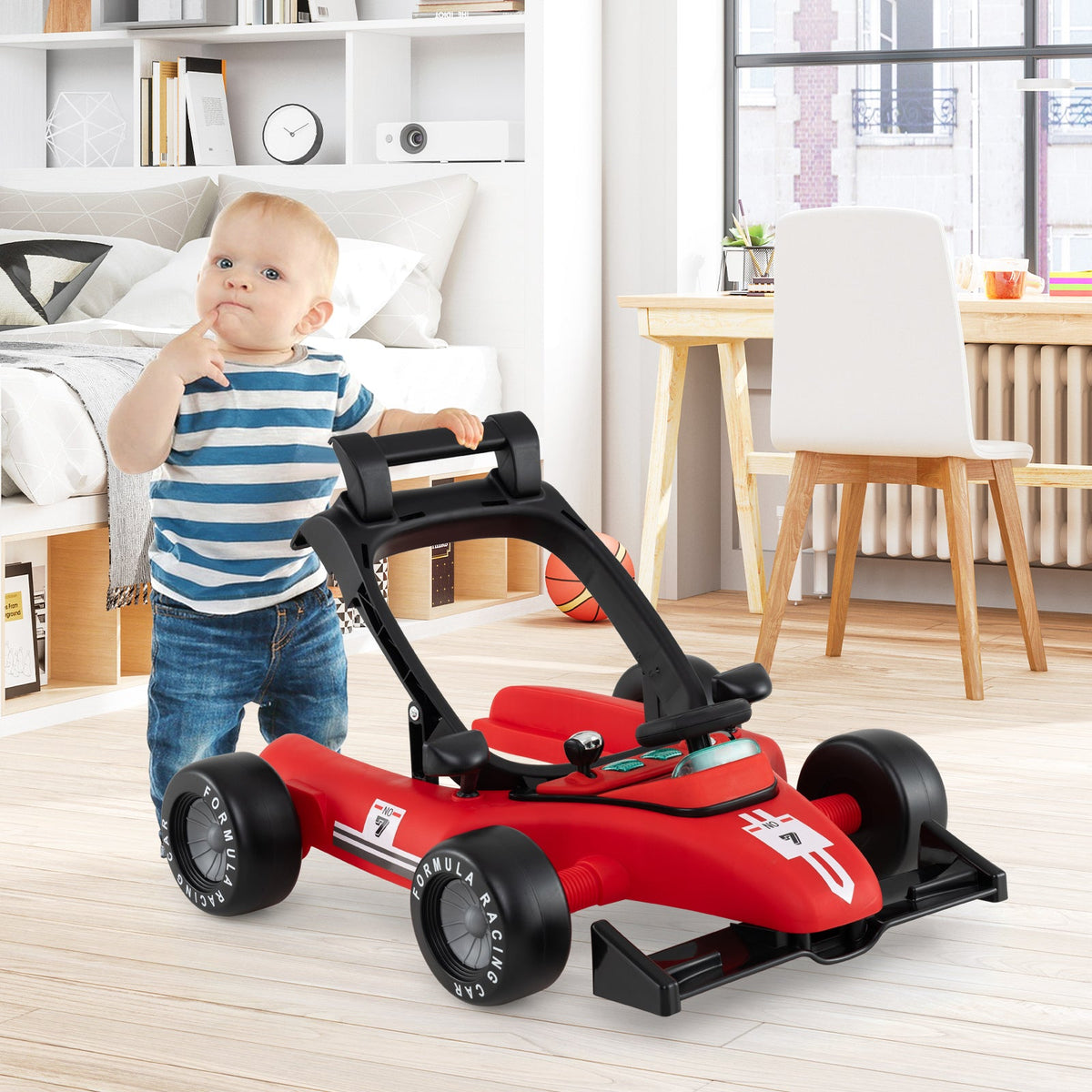 4-in-1 Baby Push Walker Activity Center Height Adjustable with Music Box-Red