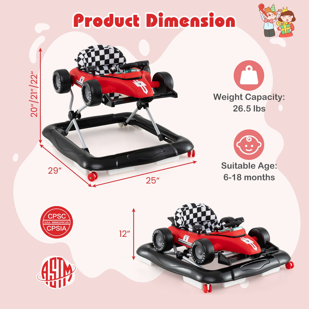4-in-1 Baby Push Walker Activity Center Height Adjustable with Music Box-Red