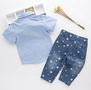 stylesilove Toddler Boys Blue Shirt with Pink Bowtie and Jeans 2 Pieces Outfit Soft Cotton Casual Clothing Set