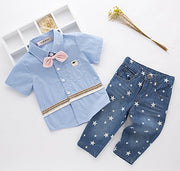 stylesilove Toddler Boys Blue Shirt with Pink Bowtie and Jeans 2 Pieces Outfit Soft Cotton Casual Clothing Set