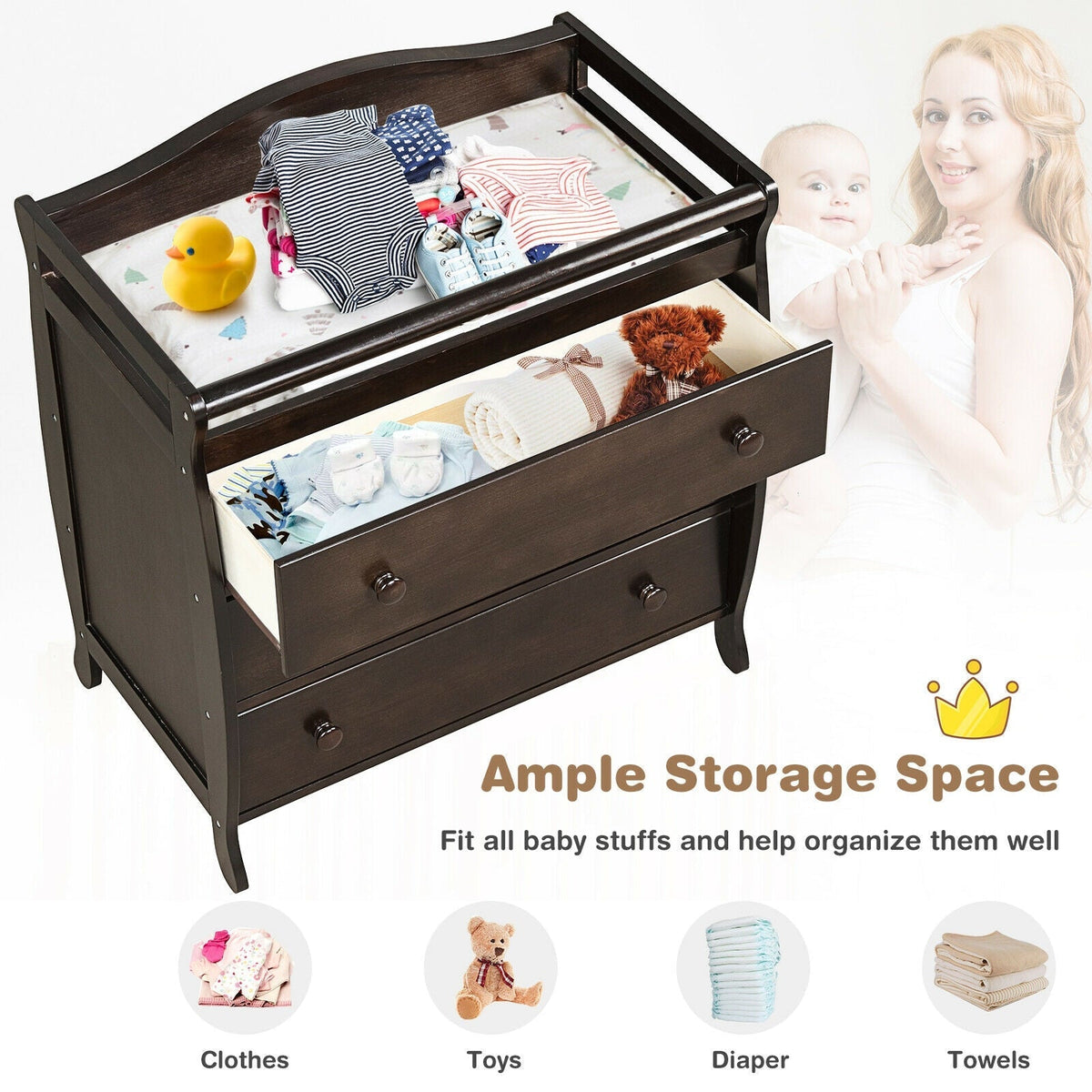 Baby Changing Table Infant Diaper with 3 Drawers and Safety Belt