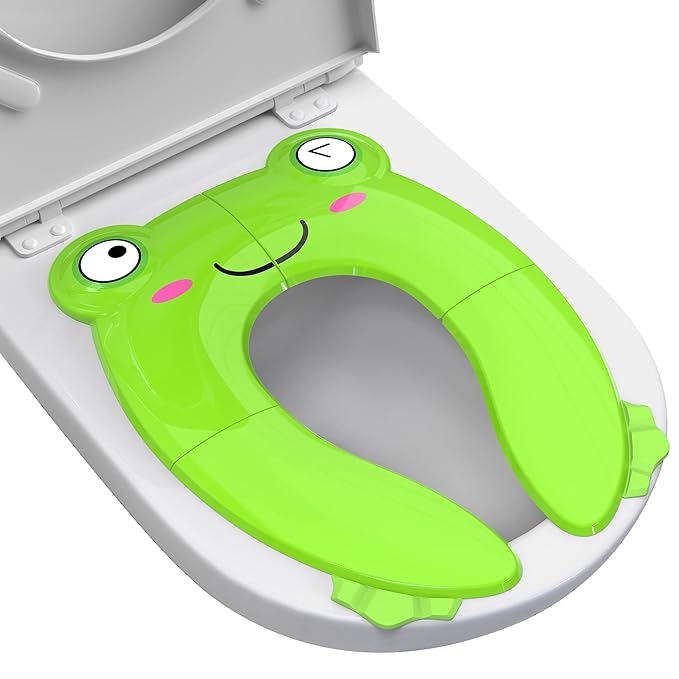 Portable Potty Seat for Toddler Travel - Foldable Non-Slip Potty Training Toilet Seat Cover for Boys Girls, Baby Kids with Drawstring Bag (Green Frog)