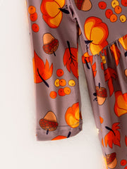Fall Autumn Leaves Pine Cone Stripe Print Girls Dress