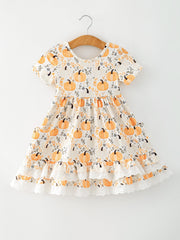 Fall Orange Girls Pumpkin Patch Pockets Dress Lace Trim
