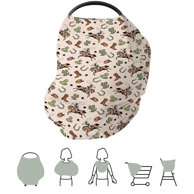 Country Western Car Seat Cover for Baby Cowboy Hat Boots Horse Cactus Stretchy 5-in-1 Covers Adjustable Car Canopy Breastfeeding Cover Wild West Desert Breathable Nursing Cover-Up