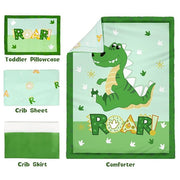 Cloele Crib Bedding Set for Boys,4 Piece Dinosaur Baby Bedding Set,Standard Size Toddler Nursery Bedding Includes Comforter,Crib Skirt,Fitted Sheet&Pillowcase,Soft Dinosaur Blanket-Green