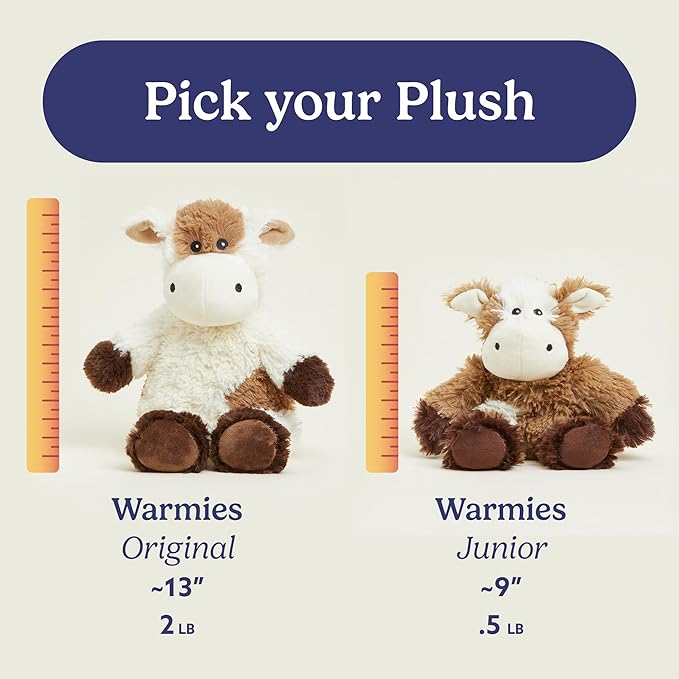 warmies Junior Microwavable & Weighted Stuffed Animals, Cow - Heated Stuffed Animal Plushie for Warmth & Comfort - Cute Soft Plush Toys for Adults & Children (Boys, Girls, Babies & Toddlers)