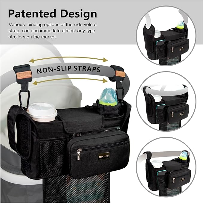 TOPDesign Universal Baby Stroller Organizer Caddy with Detachable Mesh Bag & Heightened Insulated Cup Holders & Non-Slip Secure Hooks Accessories, Fits Most Strollers (Colorful)