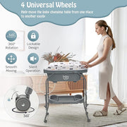 BABY JOY Baby Bathtub with Changing Table, Foldable Infant Diaper Changing Station with Storage Tray, Waterproof Pad, Portable Newborn Nursery Organizer Bath Stand with 4 Universal Wheels (Gray)