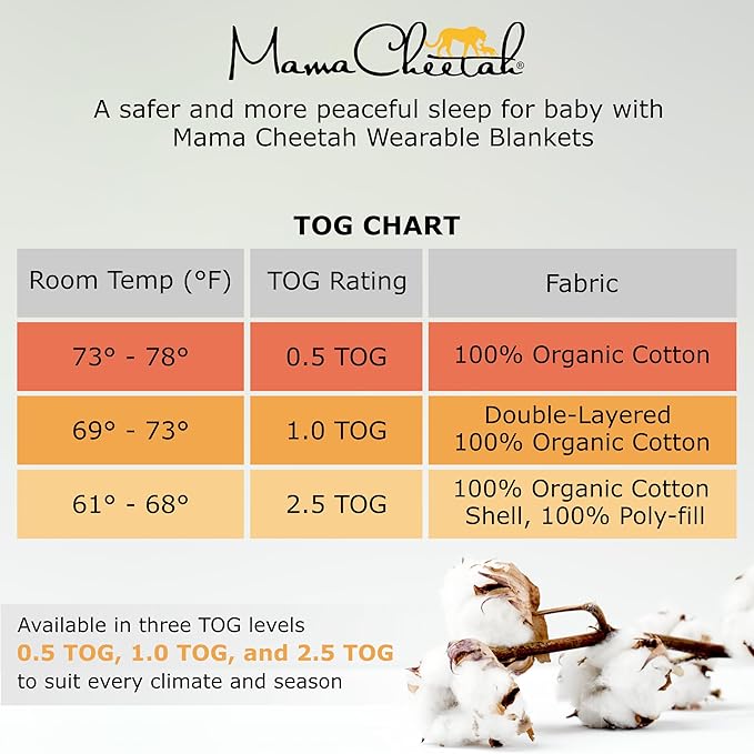Mama Cheetah Baby Sleep Sack 2.5 TOG, Organic Cotton Baby Wearable Blanket with Two-Way Zipper, Swaddle Transition Baby Sleeping Bag for Newborn Infant Toddler Boy Girl, 12-18 Months