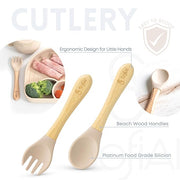 All In One Silicone Feeding Set - Safe for 6-12 Months - Non-Toxic Baby Led Weaning Supplies - Toddler Self Feeding Utensils - BPA-Free - Mess Free Essentials