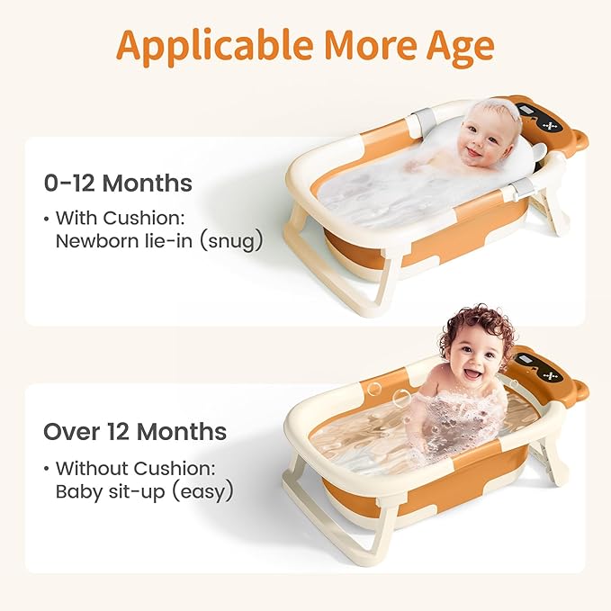 Collapsible Baby Bathtub with Soft Towel and Floating Cushion, Infant Bathtub for Newborn to Toddler (0-18 Month), Portable Baby Bath Tub for Travel (Brown Bear)