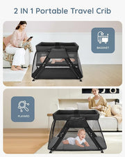 Lilian&Gema 2-in-1 Travel Crib, Portable Crib with Backpack, Lightweight Baby Travel Playpen, Foldable Play Yard with Thick Mattress for Babies & Toddlers, Baby Travel Essential