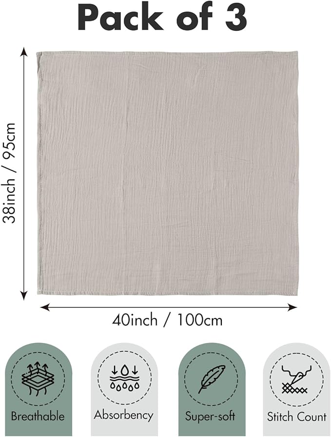Muslin Swaddle Blankets for Newborn, 3 Pack Breathable Soft Receiving Blanket, Large 38 x 40 inches Swaddle Wrap Burping Clothes, Essentials Infant Shower Items, Toddler Gift (Bright Colors)