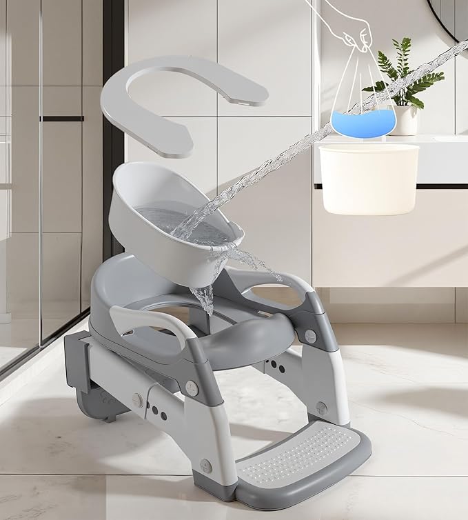 2-in-1 Toddler Potty Training Toilet Seat with Step Stool Ladder – Adjustable Height Potty Chair Urinal for Baby Boys Girls Age 1-3, Foldable Training Potty with Splash Guard & Anti-Slip Feet, Grey