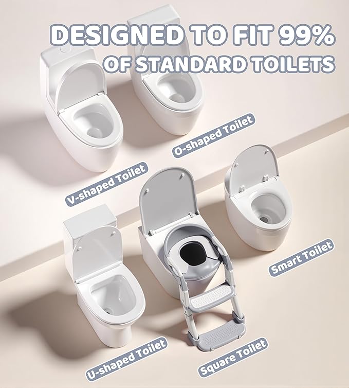 2-in-1 Toddler Potty Training Toilet Seat with Step Stool Ladder – Adjustable Height Potty Chair Urinal for Baby Boys Girls Age 1-3, Foldable Training Potty with Splash Guard & Anti-Slip Feet, Grey