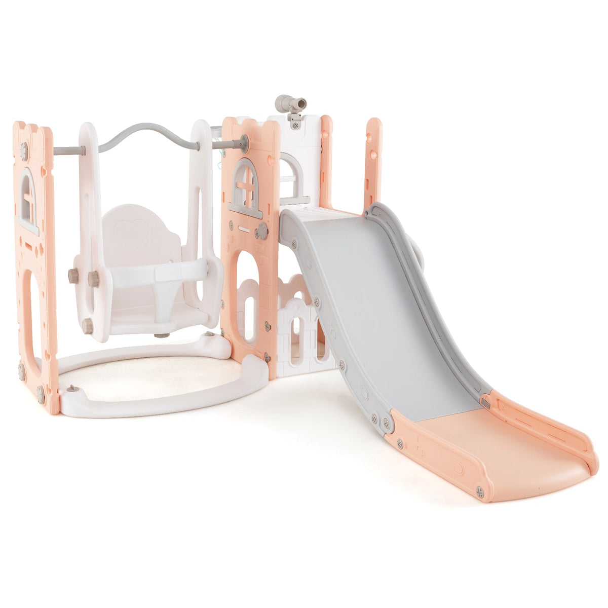 7-in-1 Toddler Swing and Slide Set L-shaped with Ladder and Basketball Hoop