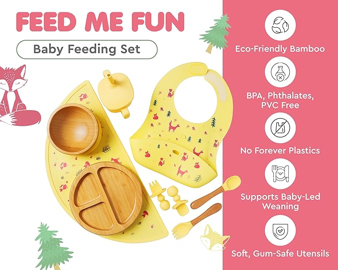 Bamboo Baby Feeding Set for Infants & Toddlers - Baby Essentials, Non-Toxic, Sustainable, Bamboo Suction Plate & Bowl, Bib, Sippy Cup w/Lid & Straw, Daily Use, Travel, Baby Shower Gifts (Yellow)