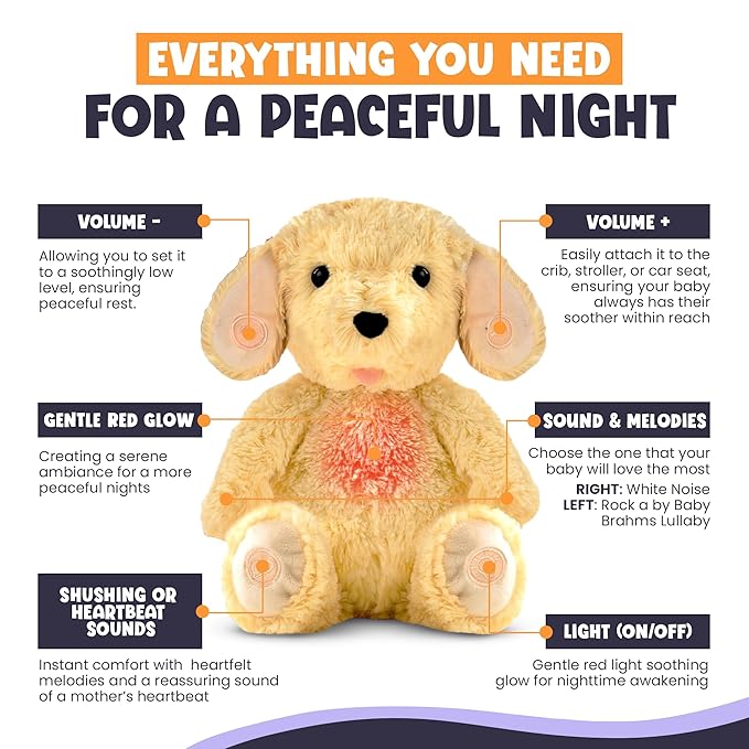 Gemma Joy Bedtime Baby Soothers for Sleep, Cry Activated Heartbeat Stuffed Animal for Baby, Newborn, Calming Light, Lullaby Music, White Noise, Shush and Mother’s Heartbeat - (Puppy, Rechargeable)