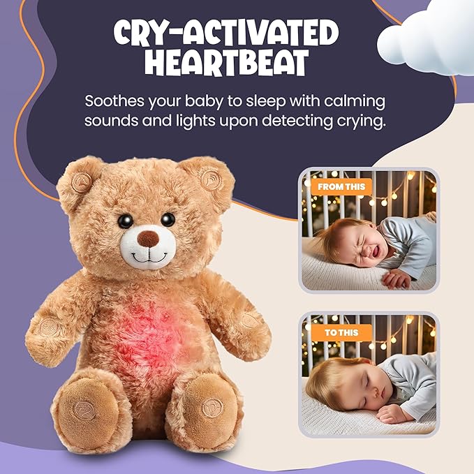 Gemma Joy Bedtime Baby Soothers for Sleep, Cry Activated Heartbeat Stuffed Animal for Baby, Newborn, Calming Light, Lullaby Music, White Noise, Shush and Mother’s Heartbeat - (Bear, Rechargeable)