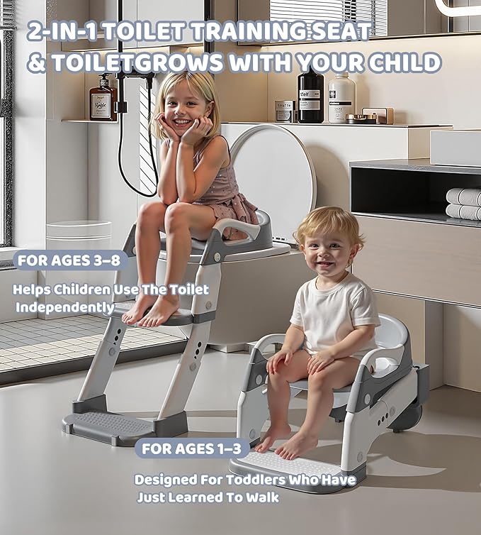 2-in-1 Toddler Potty Training Toilet Seat with Step Stool Ladder – Adjustable Height Potty Chair Urinal for Baby Boys Girls Age 1-3, Foldable Training Potty with Splash Guard & Anti-Slip Feet, Grey