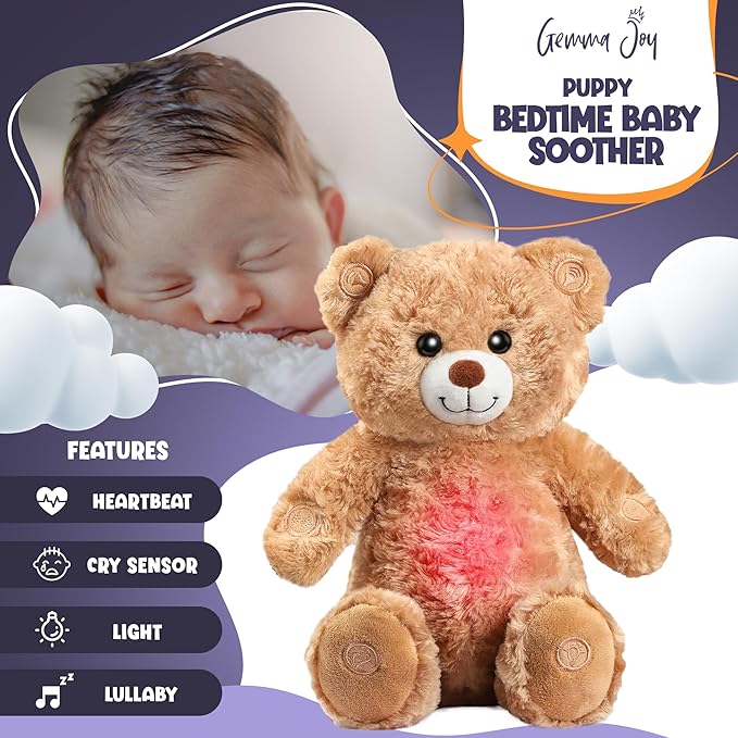 Gemma Joy Bedtime Baby Soothers for Sleep, Cry Activated Heartbeat Stuffed Animal for Baby, Newborn, Calming Light, Lullaby Music, White Noise, Shush and Mother’s Heartbeat - (Bear, Rechargeable)