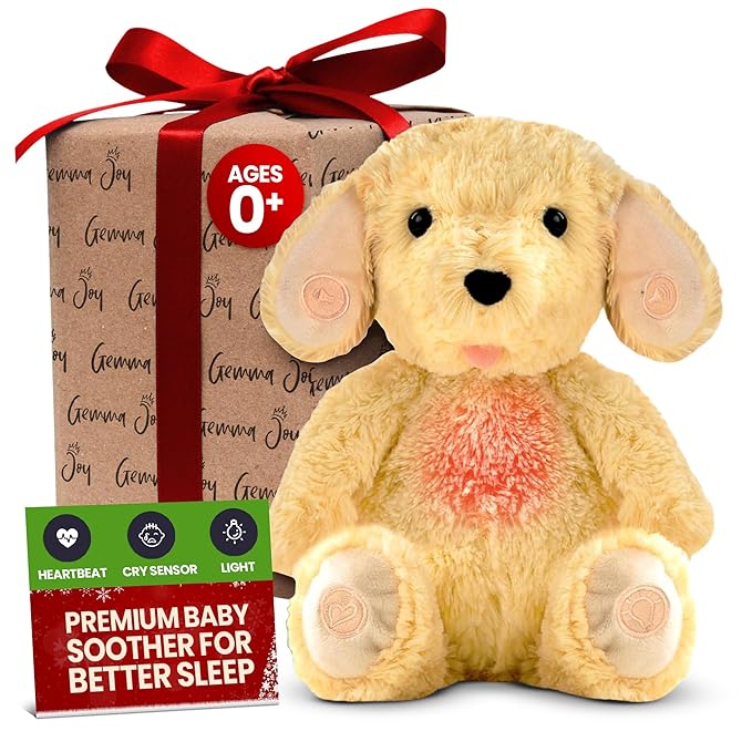 Gemma Joy Bedtime Baby Soothers for Sleep, Cry Activated Heartbeat Stuffed Animal for Baby, Newborn, Calming Light, Lullaby Music, White Noise, Shush and Mother’s Heartbeat - (Puppy, Rechargeable)