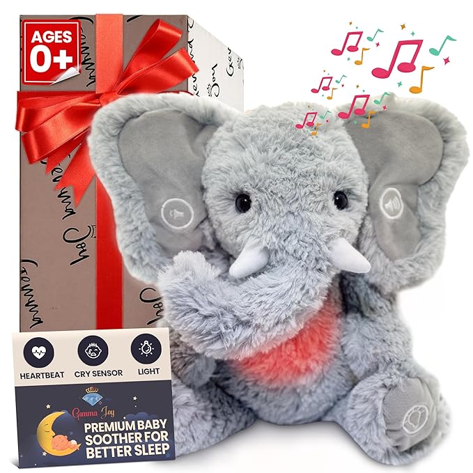 Gemma Joy Bedtime Baby Soothers for Sleep, Cry Activated Heartbeat Stuffed Animal for Baby, Newborn, Calming Light, Lullaby Music, White Noise, Shush and Mother’s Heartbeat - (Elephant, Rechargeable)