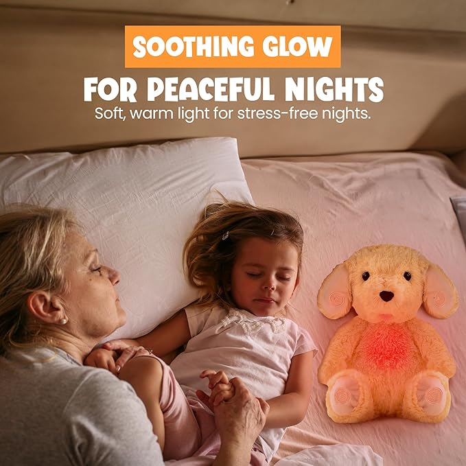 Gemma Joy Bedtime Baby Soothers for Sleep, Cry Activated Heartbeat Stuffed Animal for Baby, Newborn, Calming Light, Lullaby Music, White Noise, Shush and Mother’s Heartbeat - (Puppy, Rechargeable)