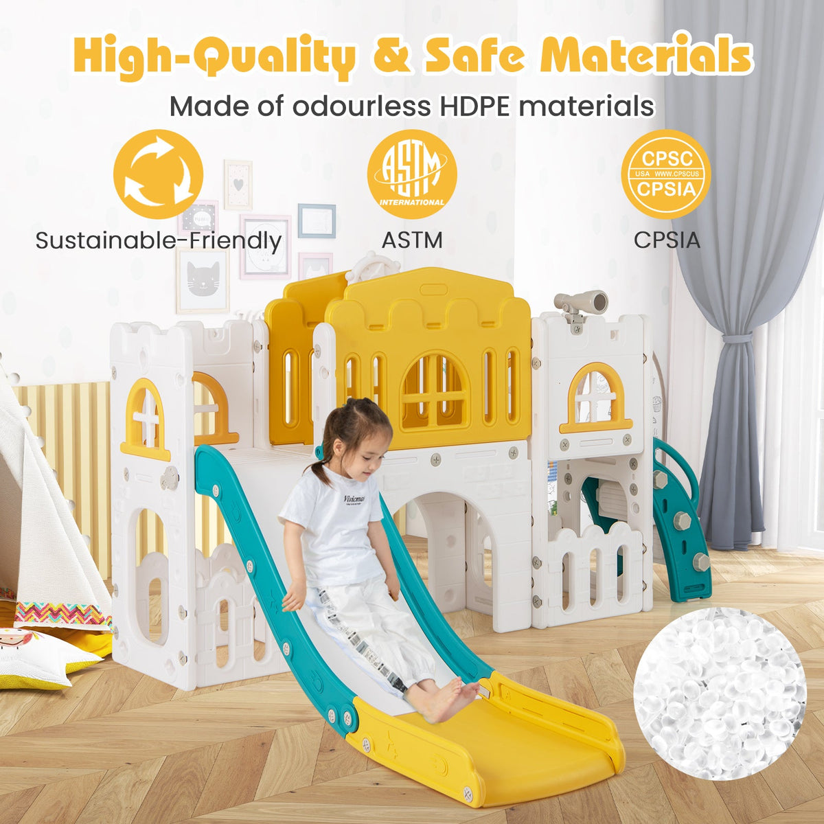 All-in-1 Toddler Slide Playset Playground with Tunnel and Ladder and Basketball