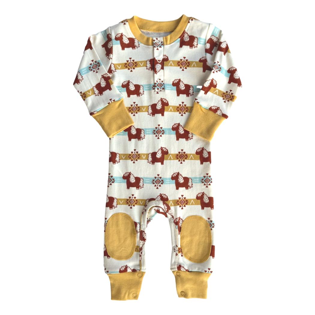 Organic Cotton Baby Crawler – GOTS Certified Infant Footie Outfit – Aztec Pony