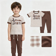 Short sleeves plaid duck plaid top pocket pants boys outfits