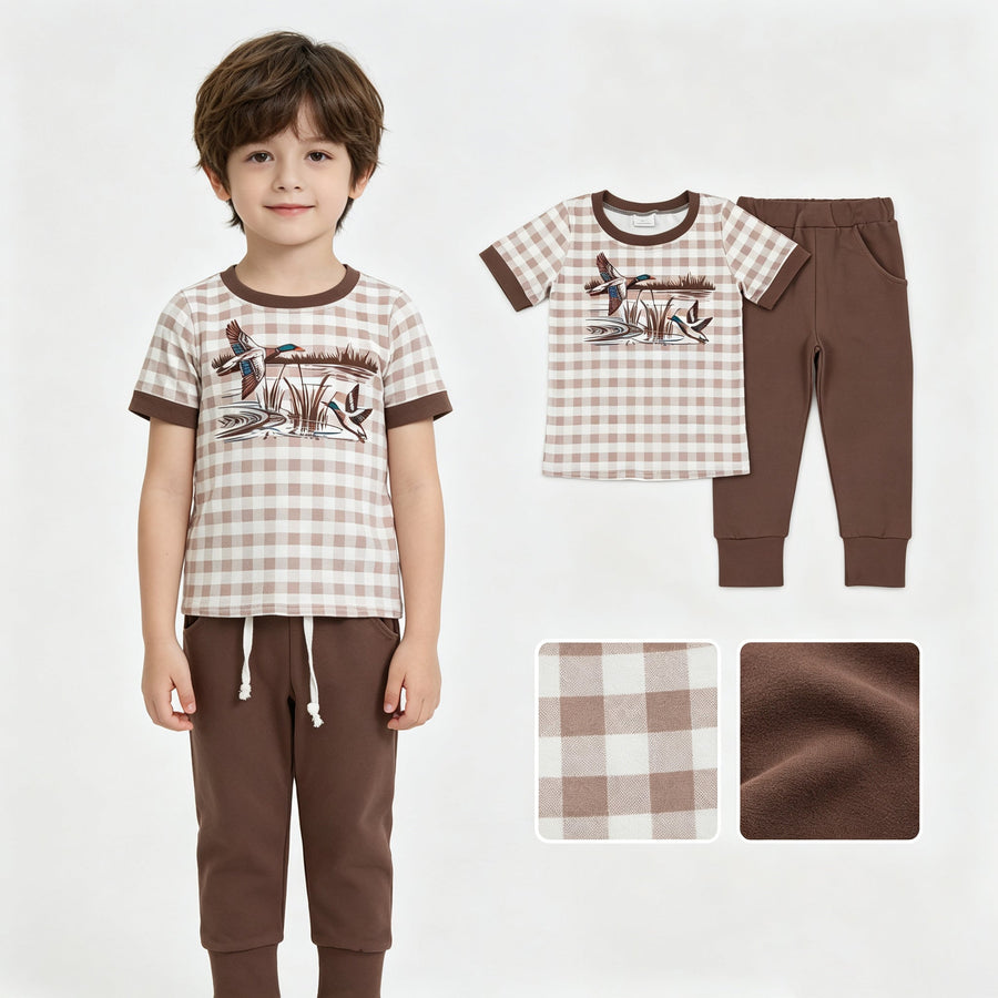 Short sleeves plaid duck plaid top pocket pants boys outfits