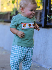 Fall Thanksgiving Chicken Smock Embroidered Green Plaid Boys 'Set