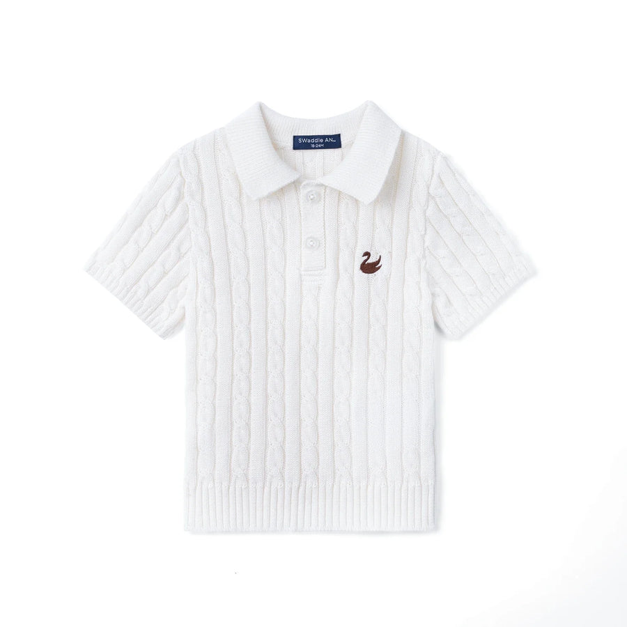 Cable Knit Polo Sweater in White