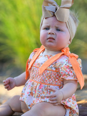 Peach Bow Smocked Floral Baby Bubble