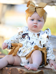Western Horse Girls Romper Bow Ruffle Long Sleeve